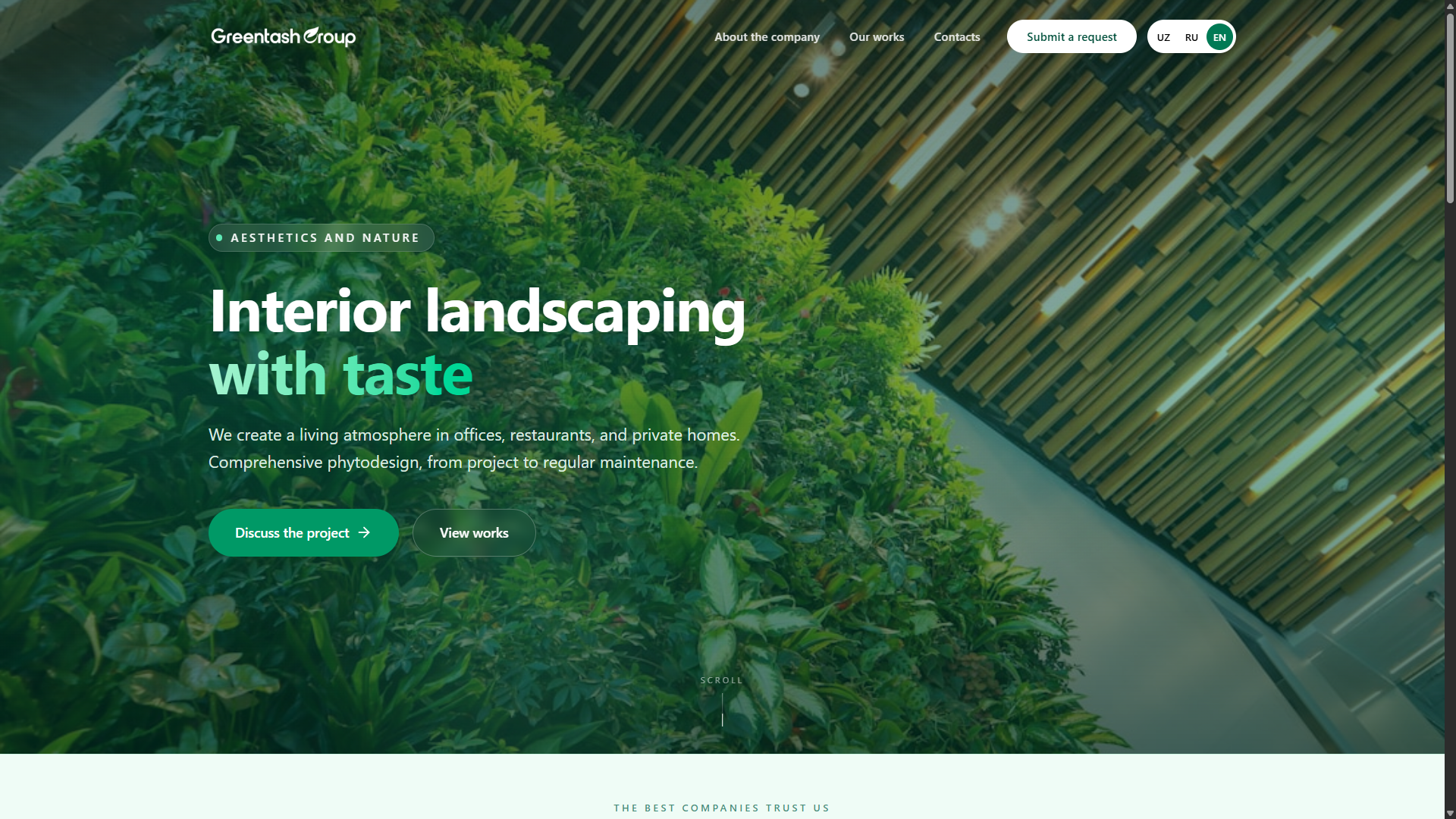 GreenTash Group bosh sahifasi — TanStack Start asosida qurilgan ko'p tilli fitodizayn studiyasi sayti