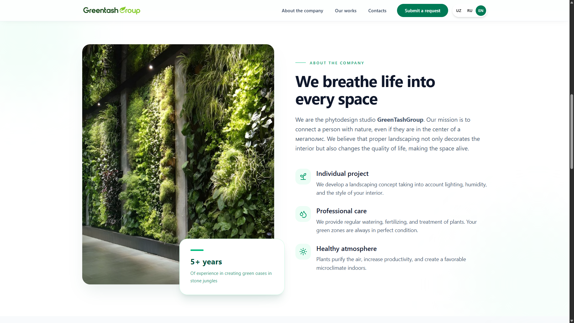 GreenTash Group kategoriyalar bo'yicha filtrlanadigan loyihalar galereyasi